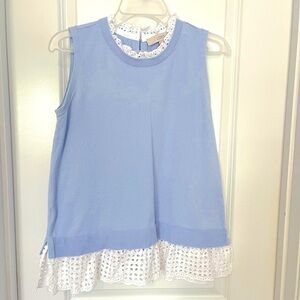 Loft periwinkle tank top with white eyelet bottom and neckline. Size S